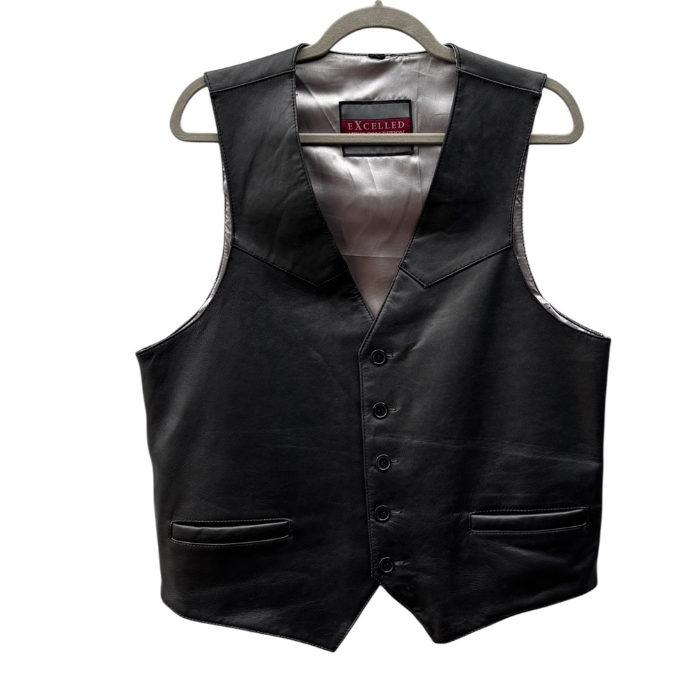 Excelled Men’s Collection Large Black Leather Biker Vest with Western Details